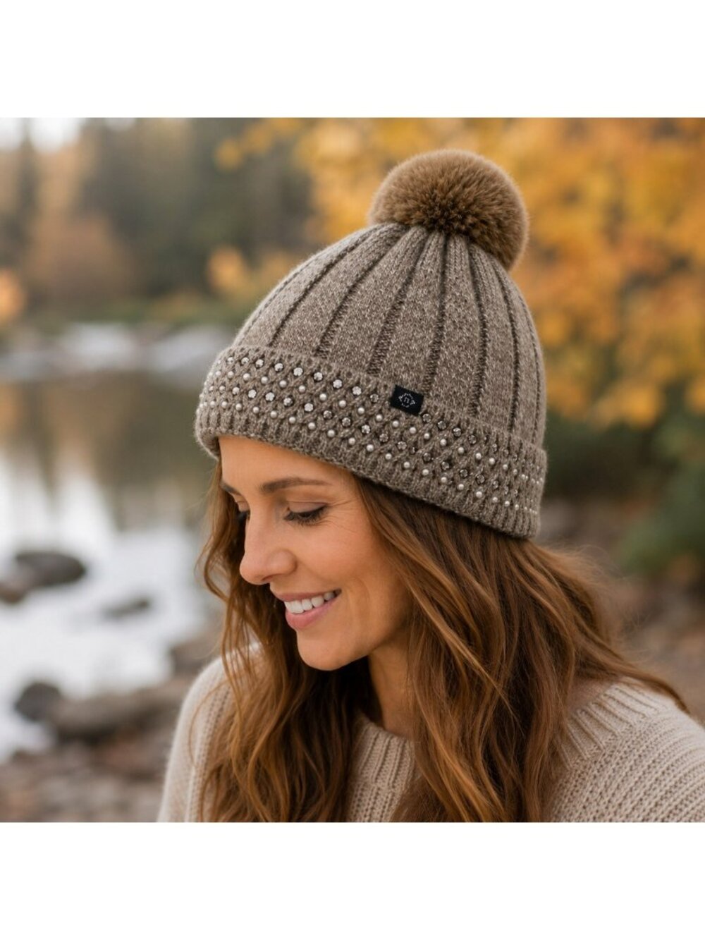 Nanette Lepore Womens Taupe Knit Beanie With Faux Fur Pom